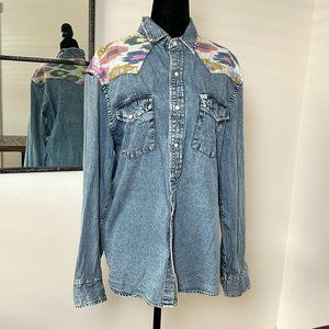Vintage western style jean and abstract pattern button ups,M, long sleeves